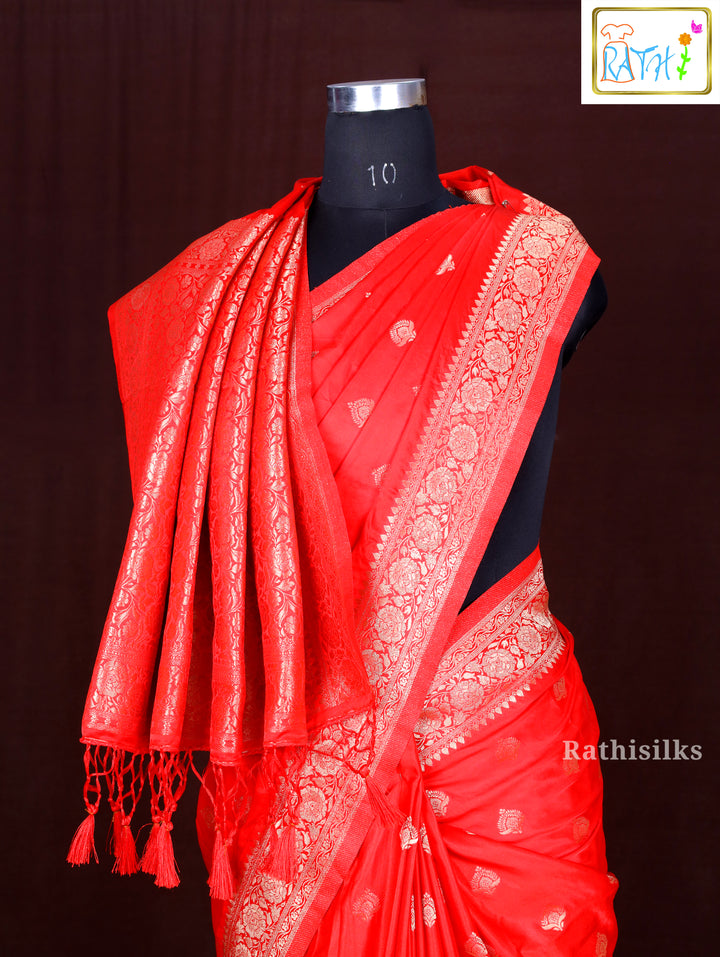 Dazzling Bright Red Synthetic Saree