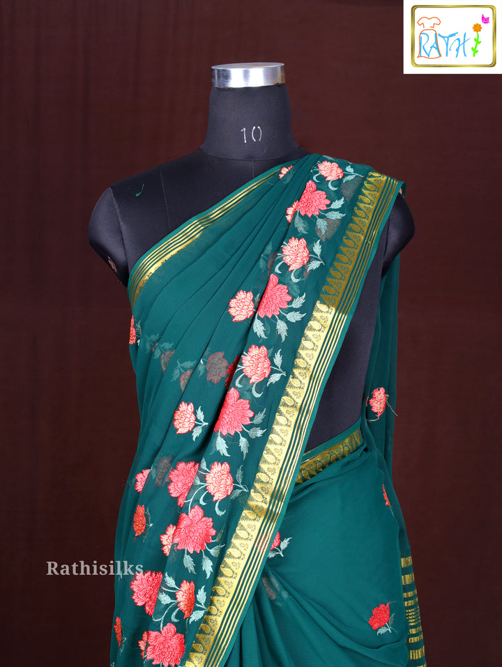 Emerald Green Synthetic Saree