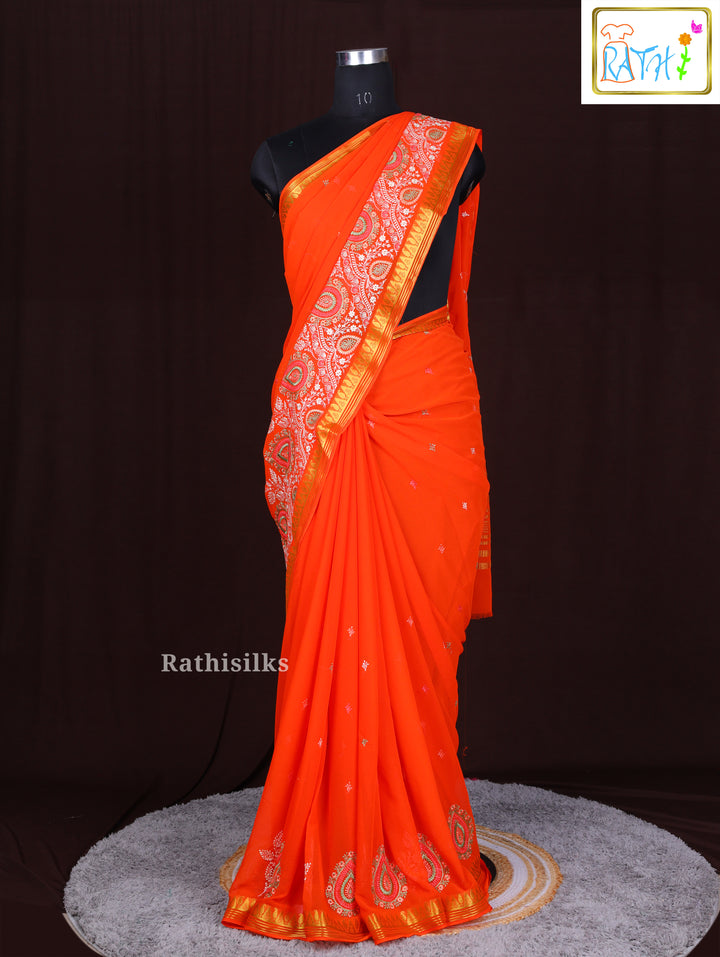 Vibrant Orange Synthetic Saree