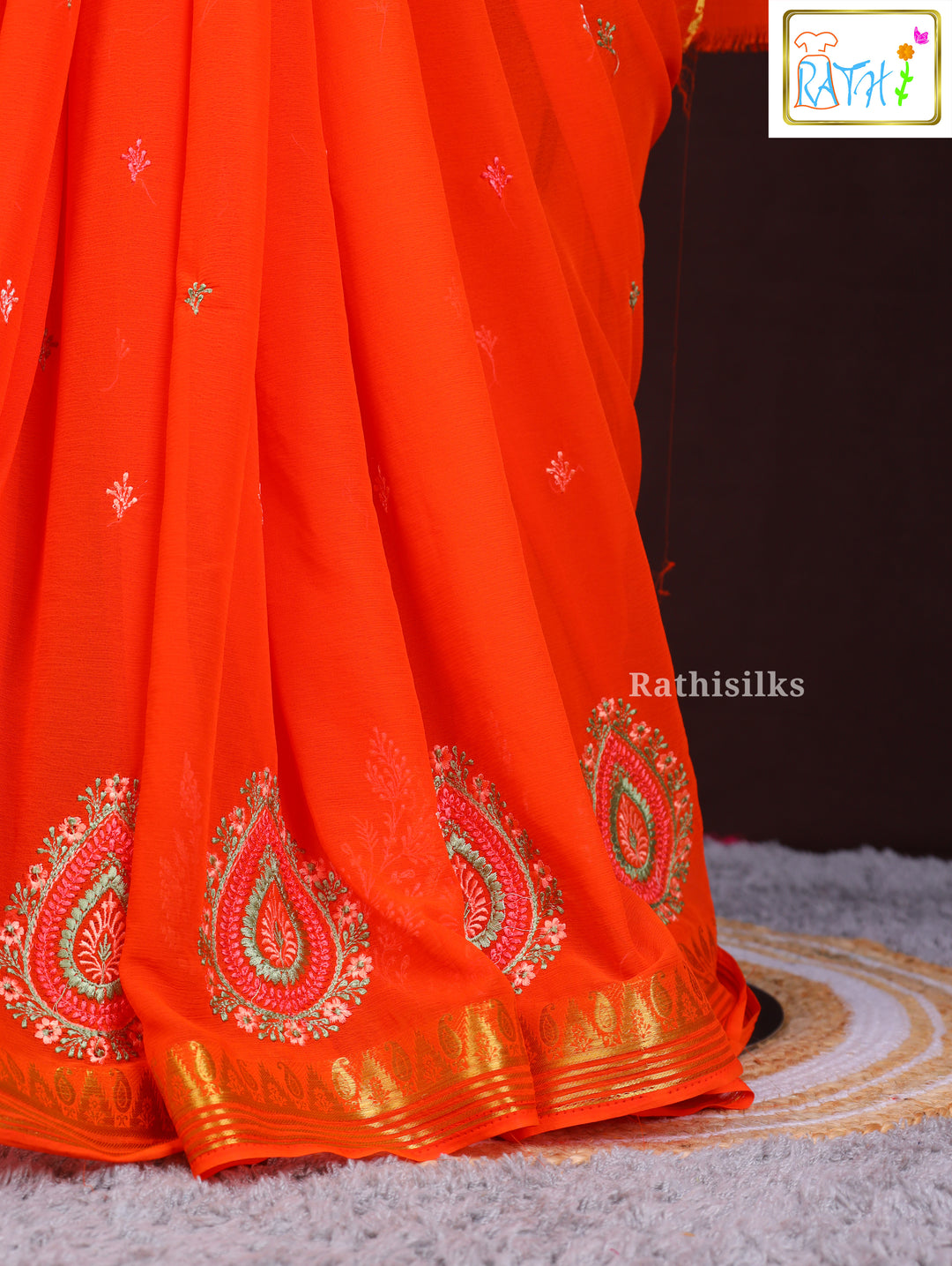 Vibrant Orange Synthetic Saree