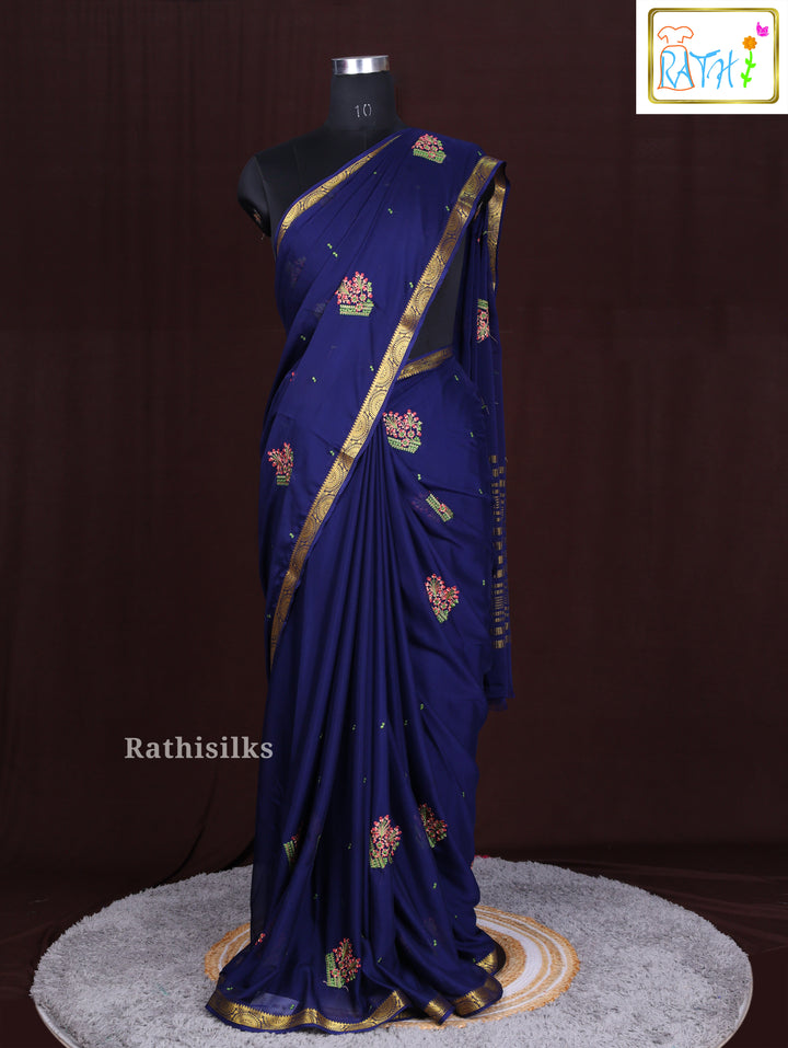 Navy Blue Synthetic Saree