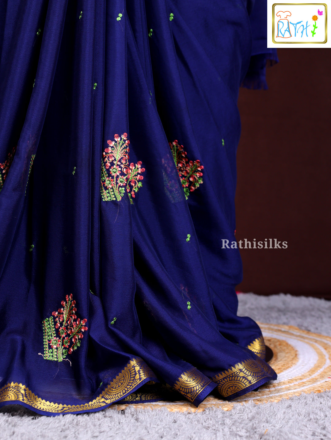 Navy Blue Synthetic Saree