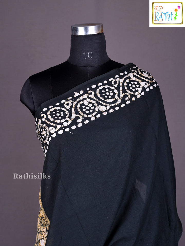 Black and Gold Batik-Print Cotton Saree