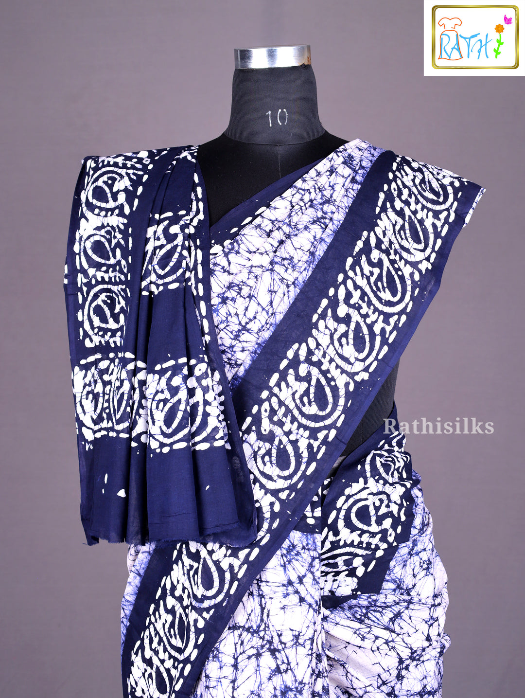 Blue and White Batik-Print Cotton Saree