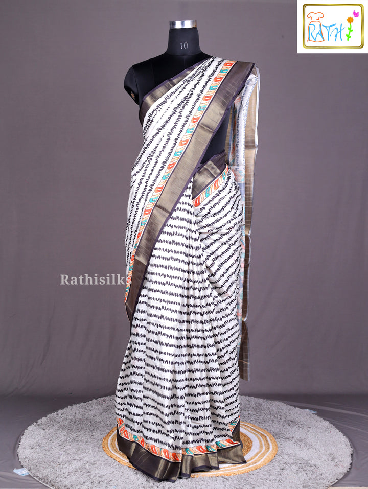 Elegant White & Black Synthetic Saree