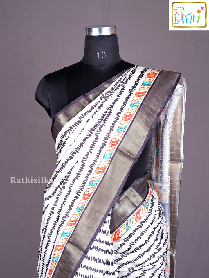 Elegant White & Black Synthetic Saree