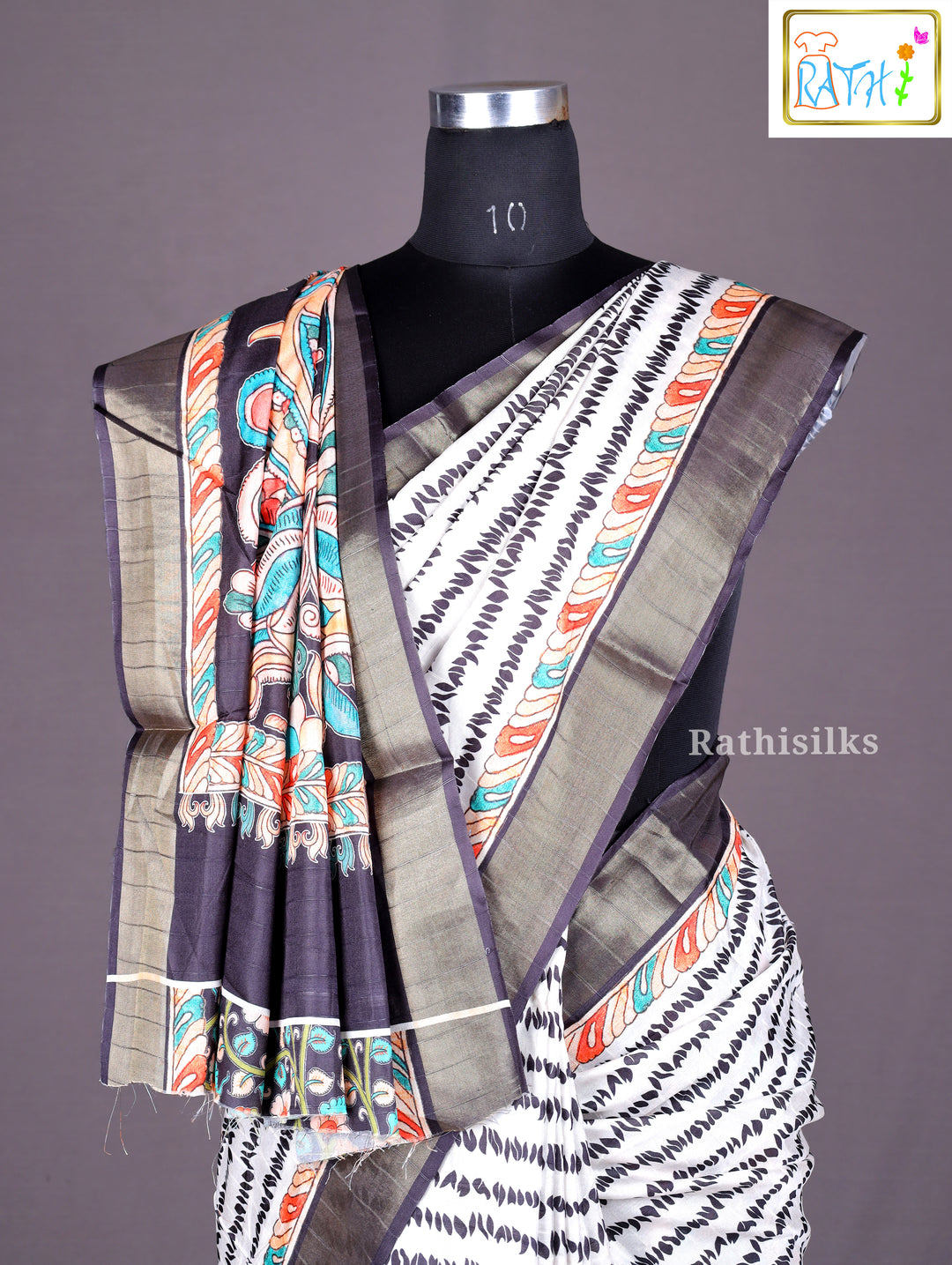 Elegant White & Black Synthetic Saree