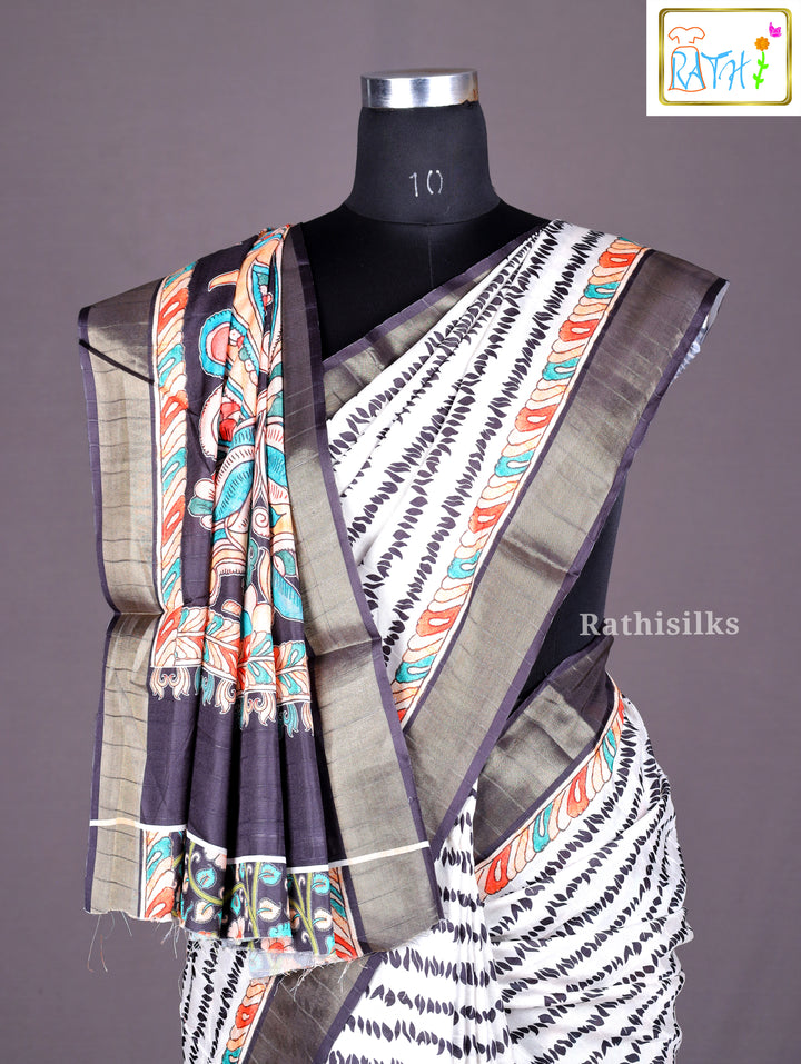 Elegant White & Black Synthetic Saree