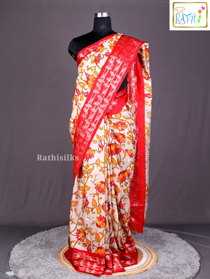 Floral Printed Red & Beige Synthetic Saree