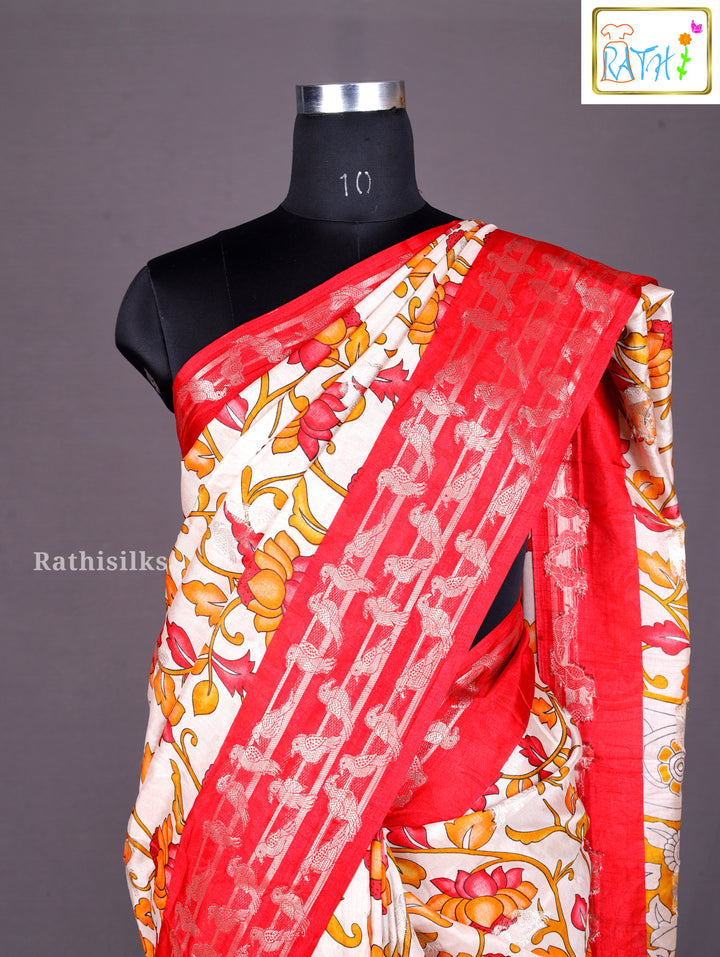 Floral Printed Red & Beige Synthetic Saree