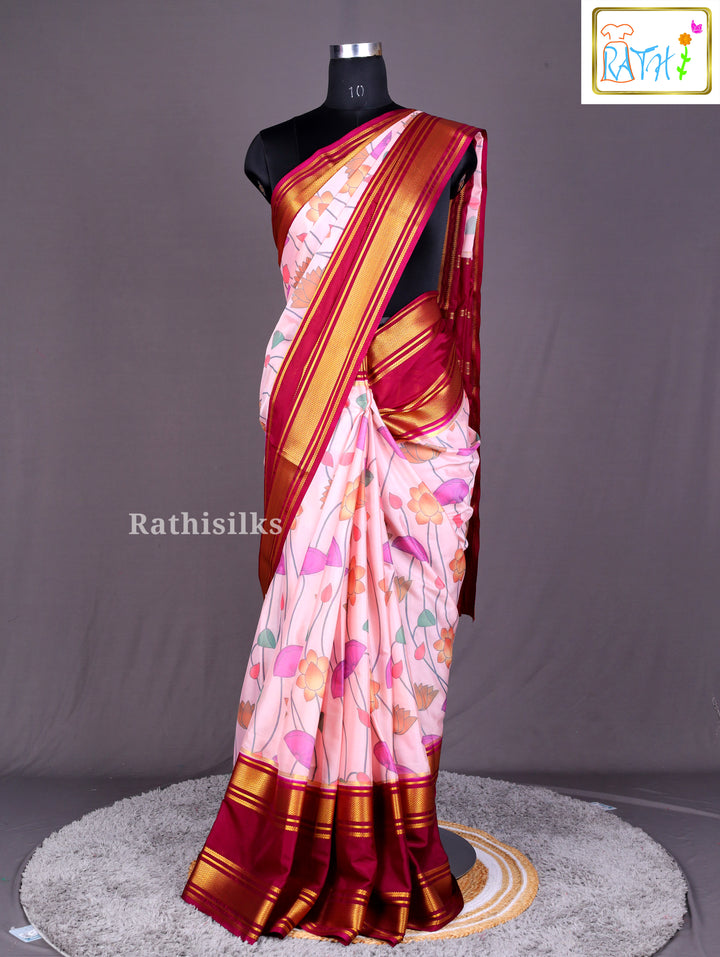 Blush Pink Floral Printed Synthetic Saree