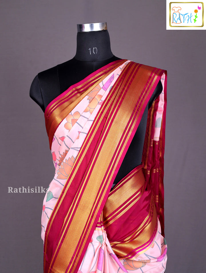 Blush Pink Floral Printed Synthetic Saree
