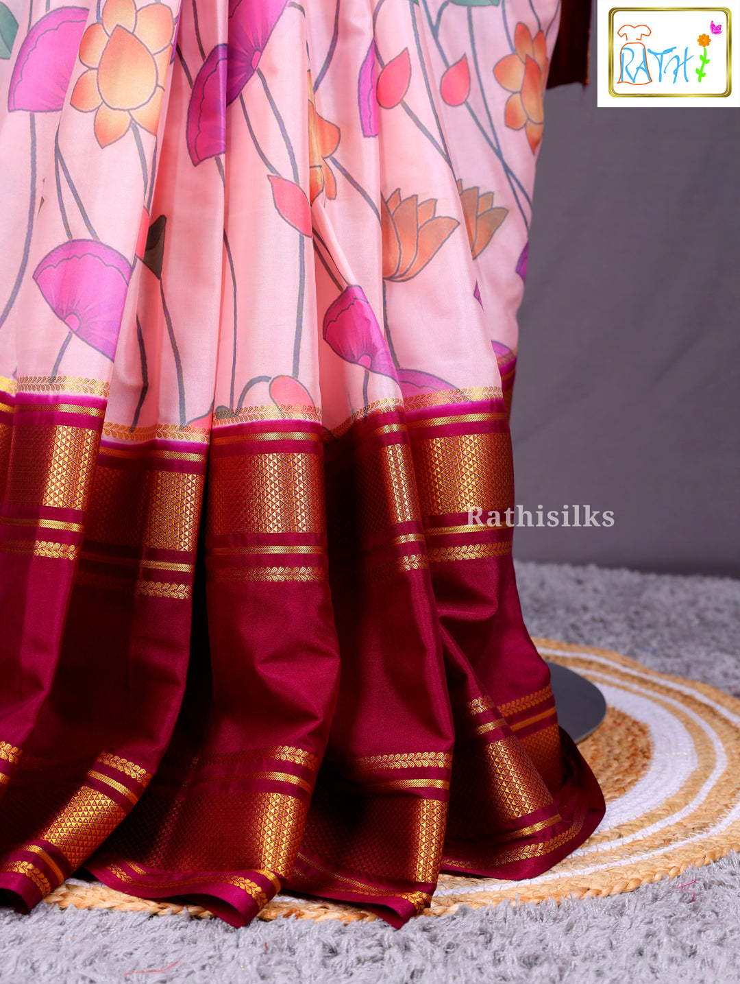 Blush Pink Floral Printed Synthetic Saree