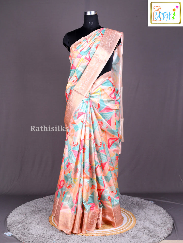Pastel Geometric Print Synthetic Saree