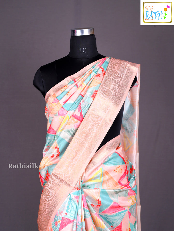 Pastel Geometric Print Synthetic Saree