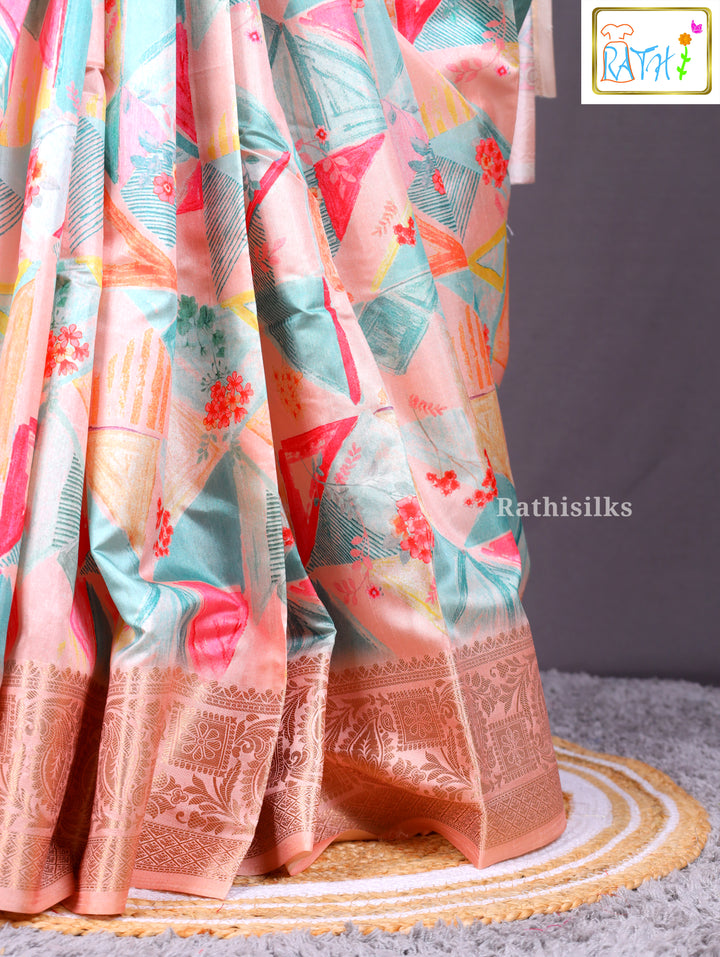 Pastel Geometric Print Synthetic Saree