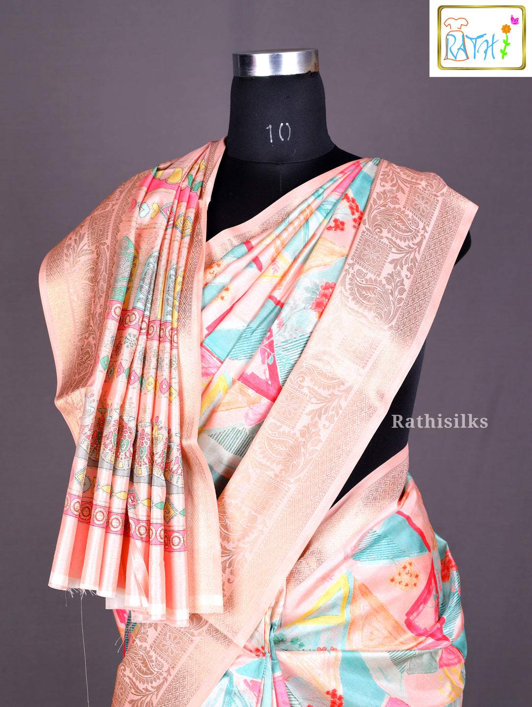 Pastel Geometric Print Synthetic Saree