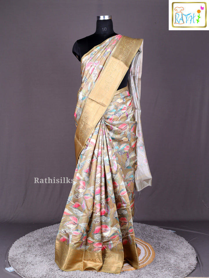 Earthy Khaki Floral Printed Synthetic Saree