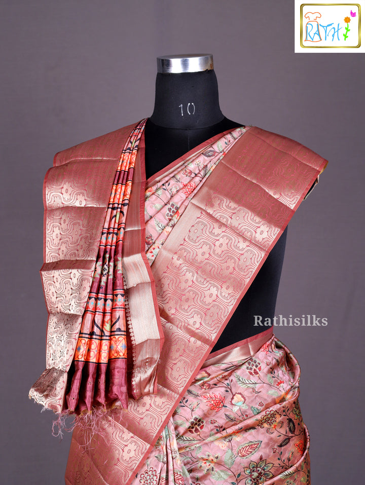 Maroon  Floral Printed Synthetic Saree