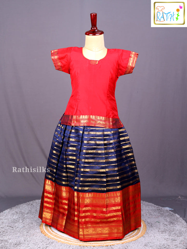Traditional Red and Navy Blue Art Silk Pavadai Sattai