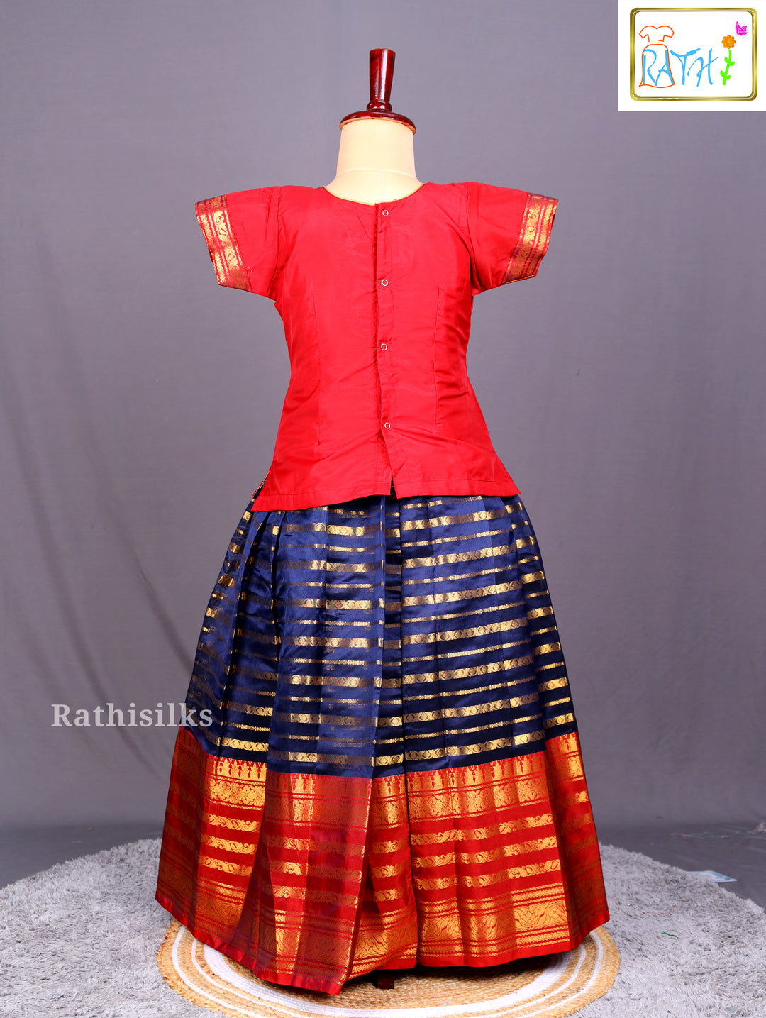 Traditional Red and Navy Blue Art Silk Pavadai Sattai