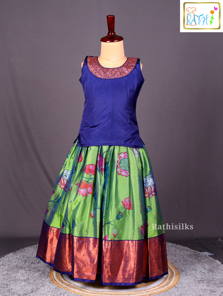Navy Blue and Parrot Green Printed Art Silk Pavadai Sattai