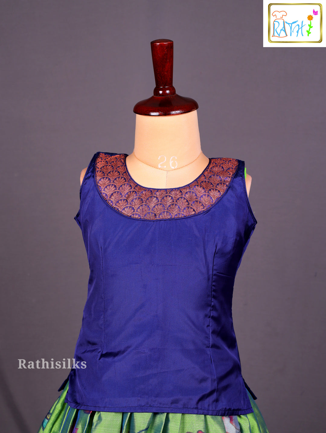 Navy Blue and Parrot Green Printed Art Silk Pavadai Sattai
