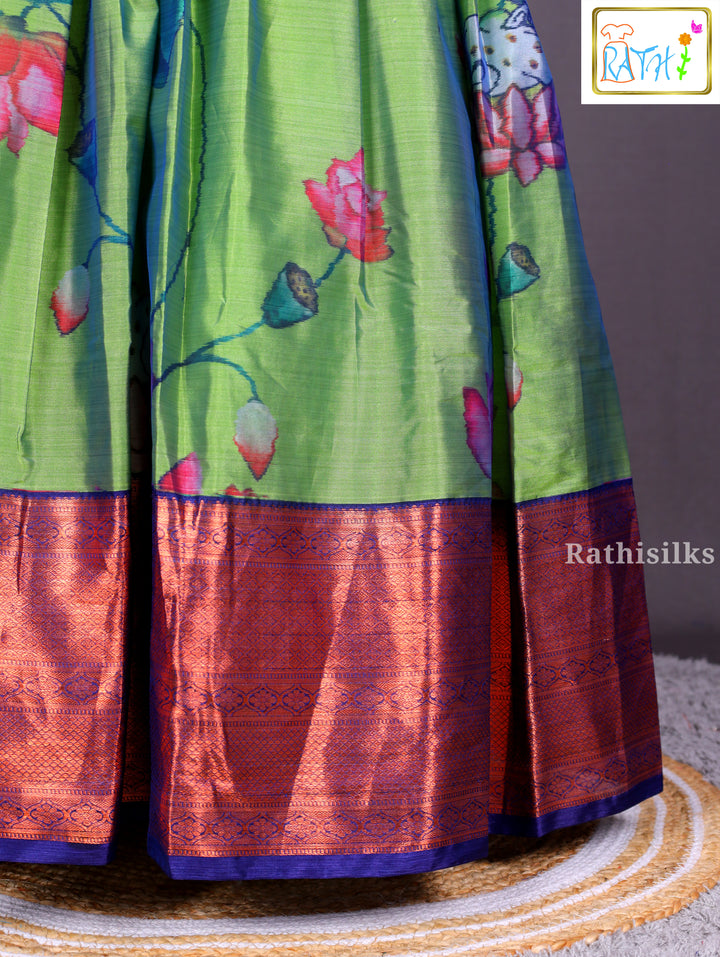Navy Blue and Parrot Green Printed Art Silk Pavadai Sattai