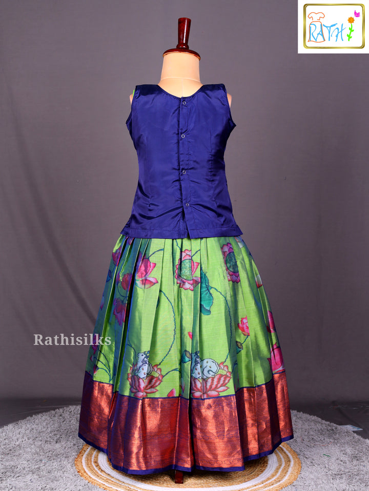 Navy Blue and Parrot Green Printed Art Silk Pavadai Sattai