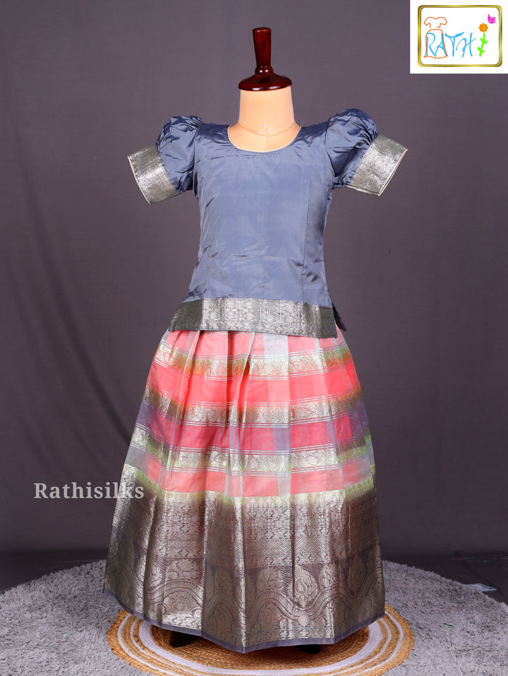 Steel Grey and Multi-Color Checkered Art Silk Pavadai Sattai