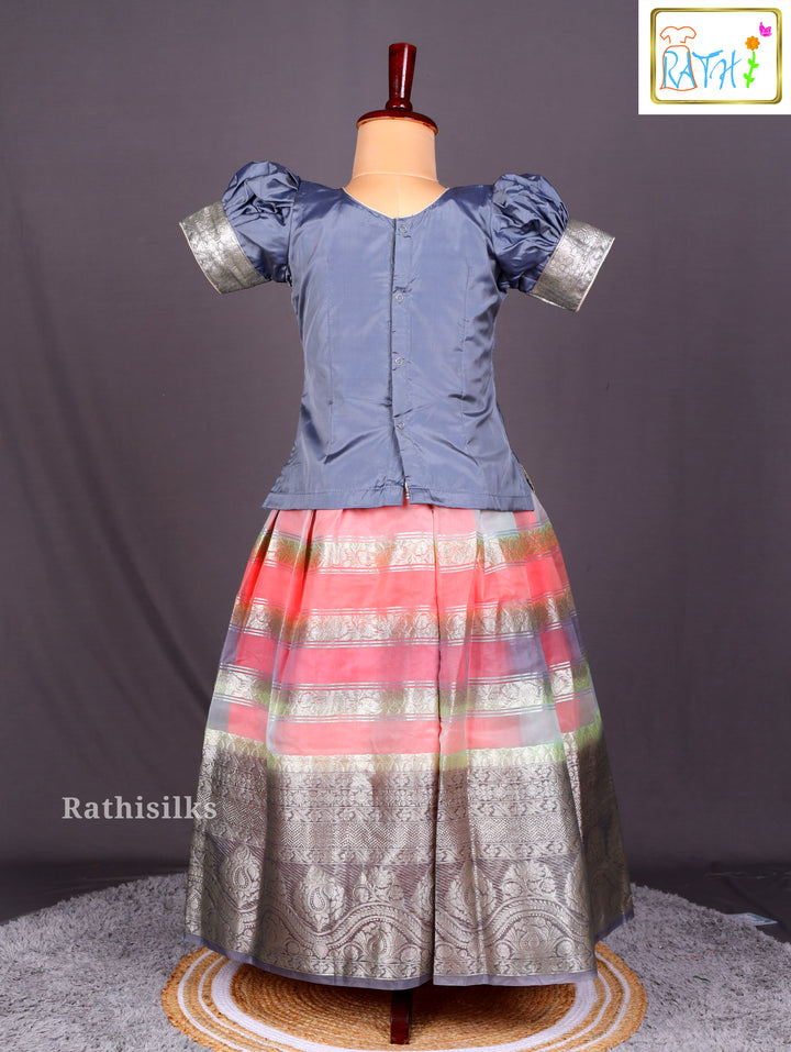 Steel Grey and Multi-Color Checkered Art Silk Pavadai Sattai
