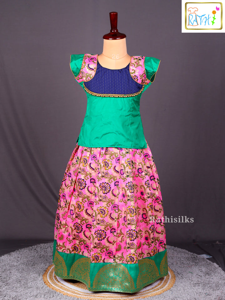 Emerald Green and Pink Floral Printed Art Silk Pavadai Sattai