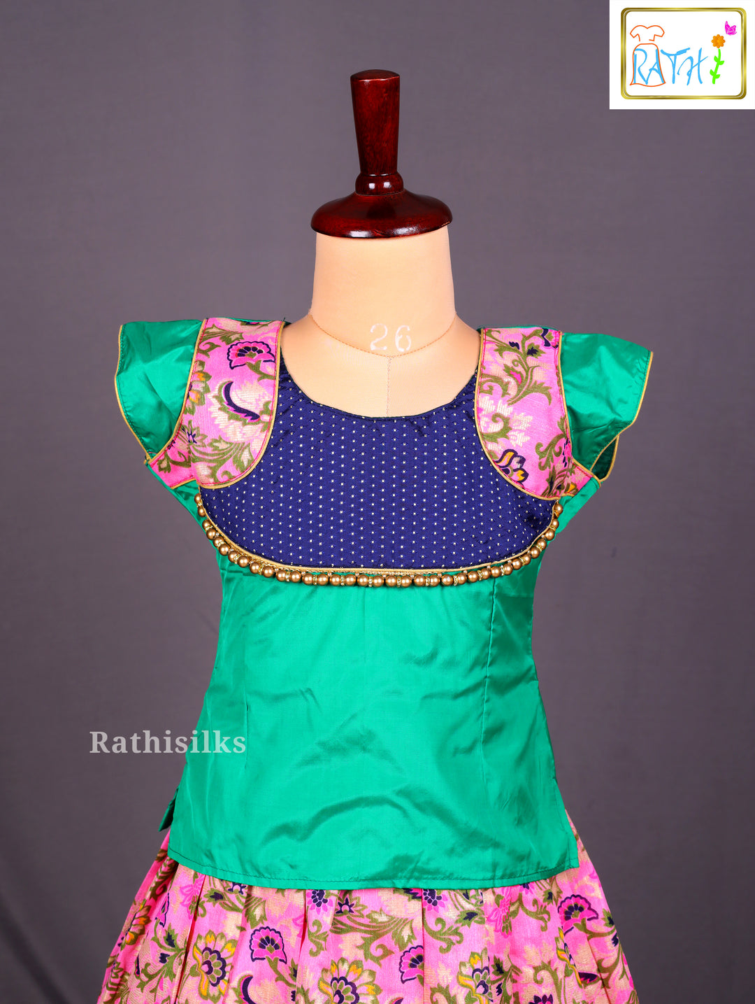 Emerald Green and Pink Floral Printed Art Silk Pavadai Sattai
