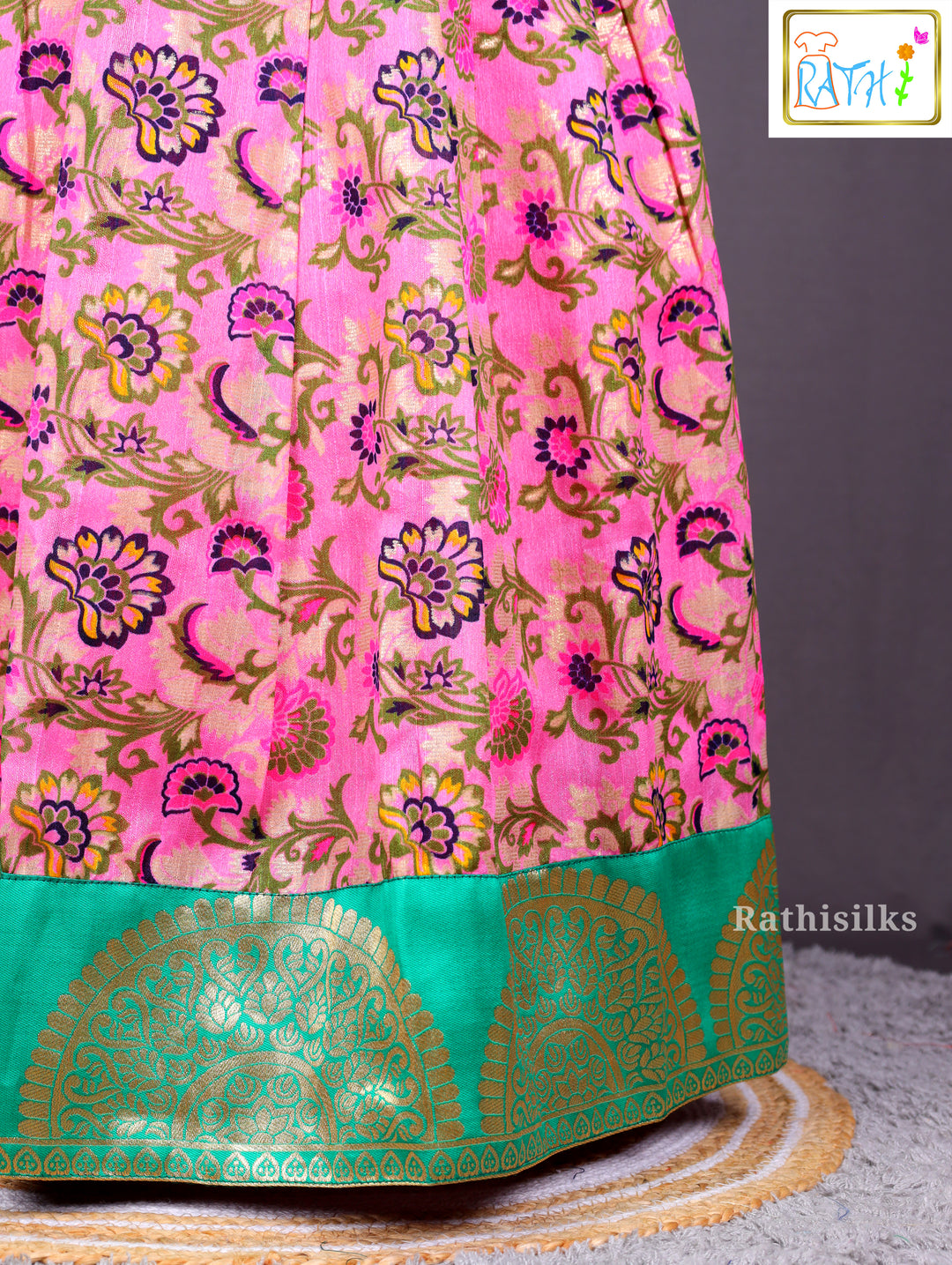 Emerald Green and Pink Floral Printed Art Silk Pavadai Sattai