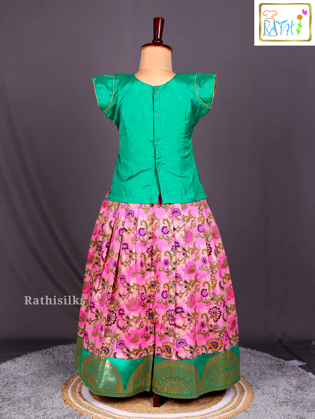 Emerald Green and Pink Floral Printed Art Silk Pavadai Sattai