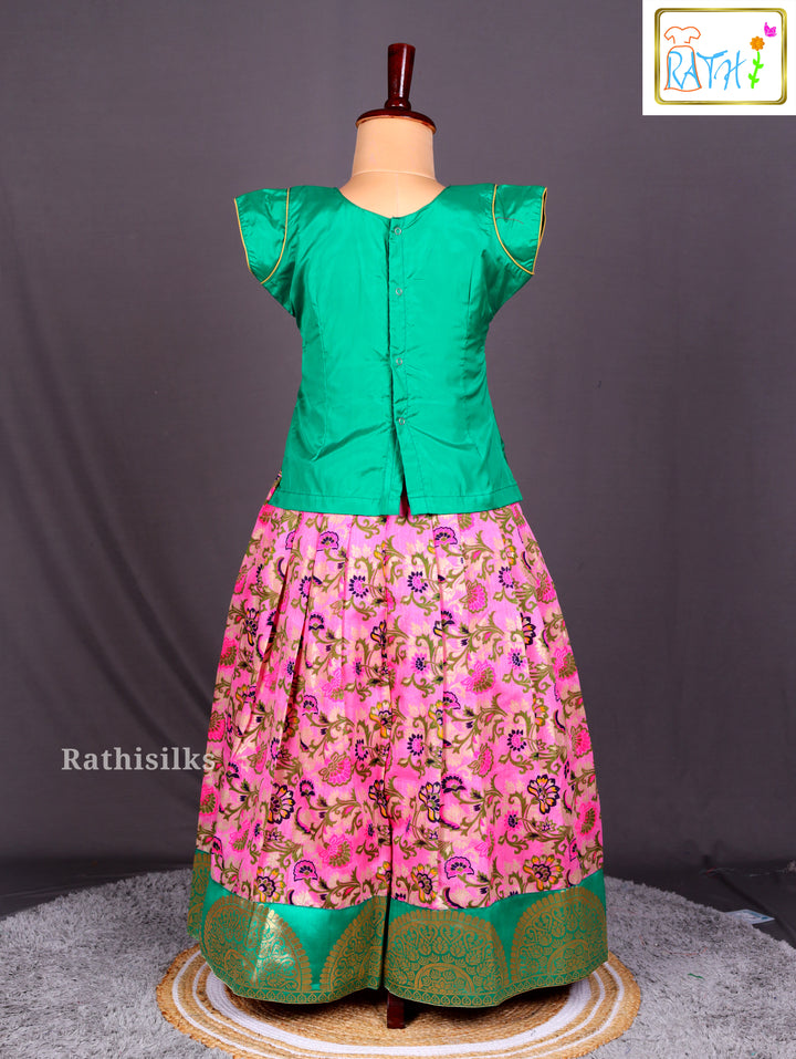Emerald Green and Pink Floral Printed Art Silk Pavadai Sattai