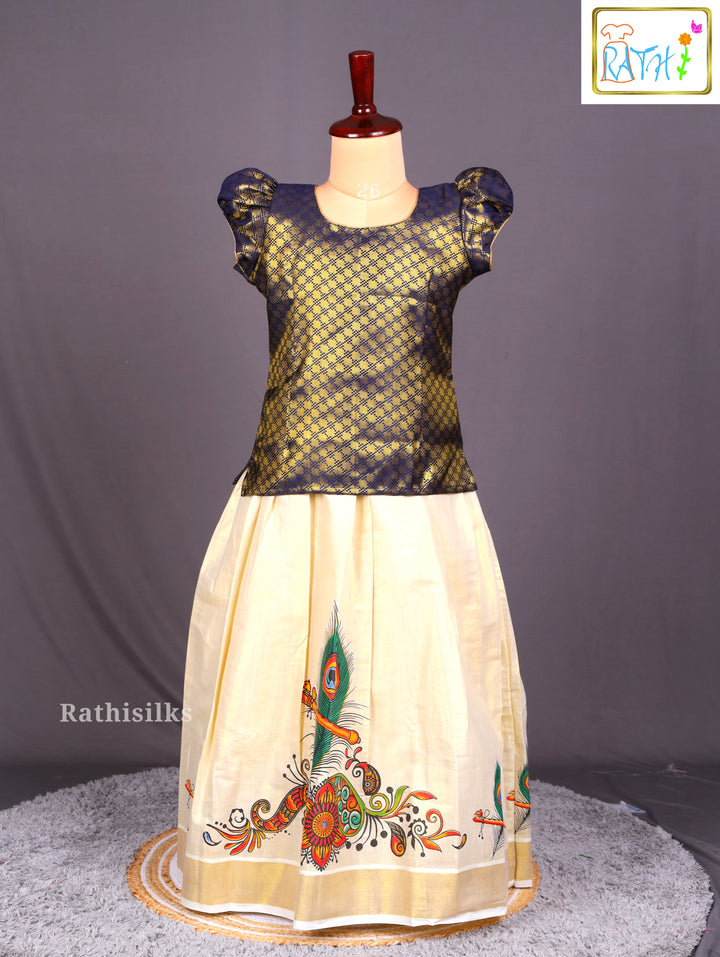 Navy Blue Brocade and Cream Hand-Painted Pavadai Sattai