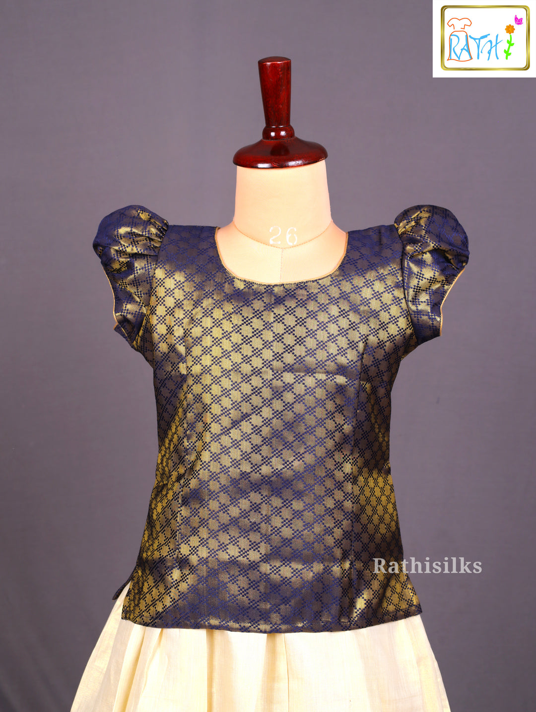 Navy Blue Brocade and Cream Hand-Painted Pavadai Sattai