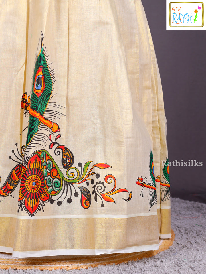 Navy Blue Brocade and Cream Hand-Painted Pavadai Sattai