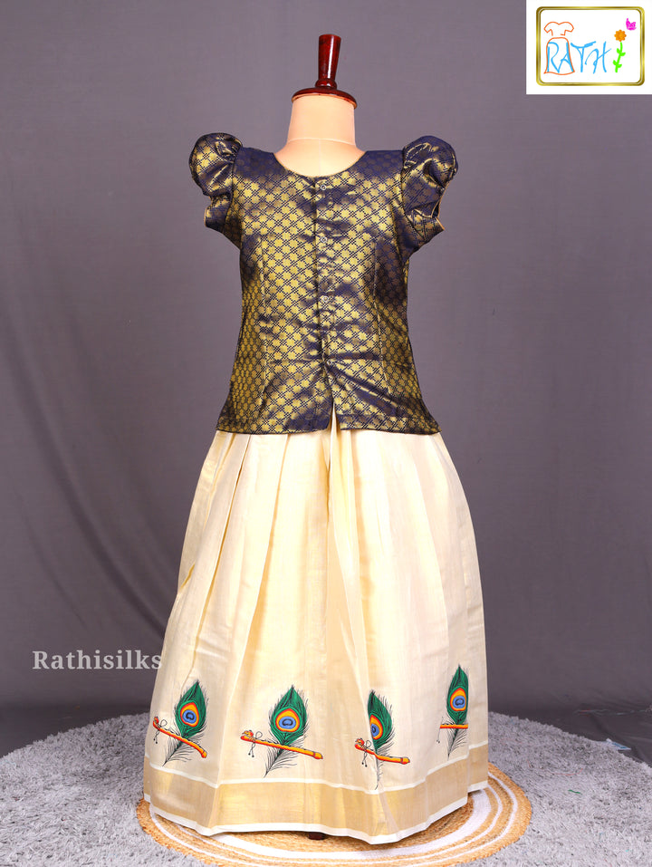 Navy Blue Brocade and Cream Hand-Painted Pavadai Sattai