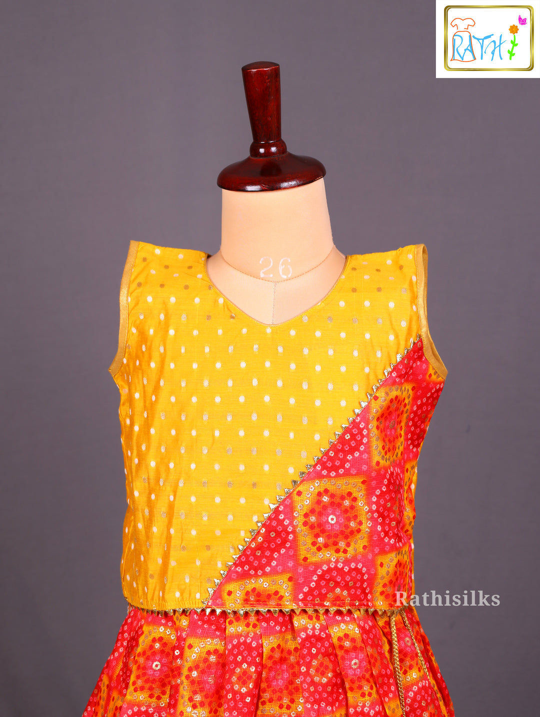 Sleeveless Yellow and Red Bandhani-Style Printed Pavadai Sattai