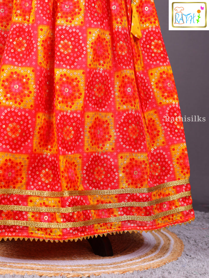 Sleeveless Yellow and Red Bandhani-Style Printed Pavadai Sattai