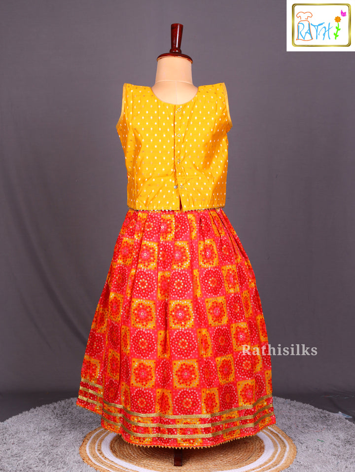 Sleeveless Yellow and Red Bandhani-Style Printed Pavadai Sattai