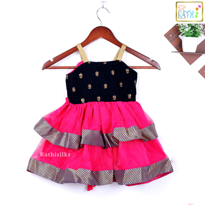Black Velvet & Rani Pink Tiered Frock