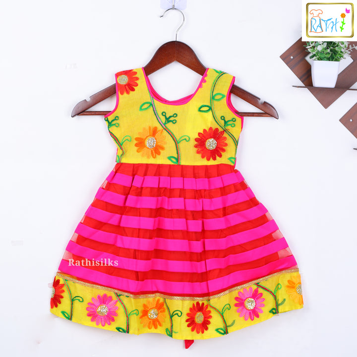 Yellow & Pink Floral Embroidered Ethnic Frock