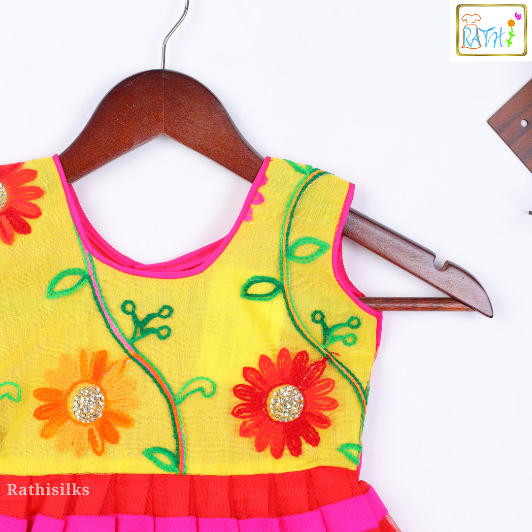 Yellow & Pink Floral Embroidered Ethnic Frock