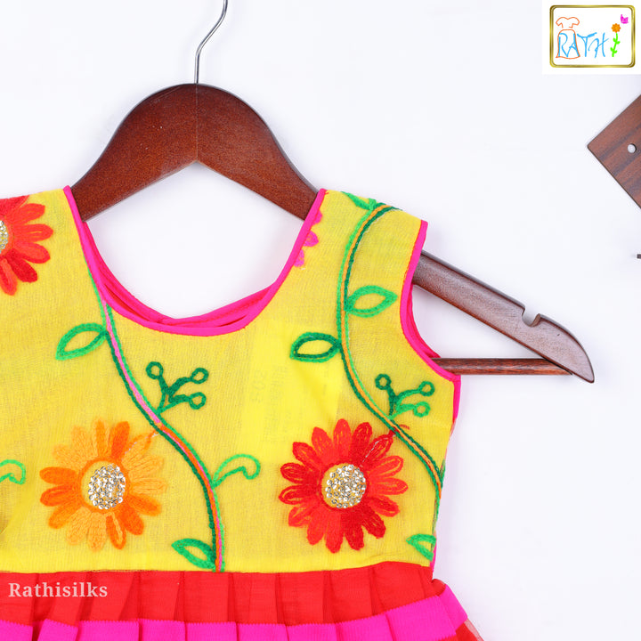 Yellow & Pink Floral Embroidered Ethnic Frock
