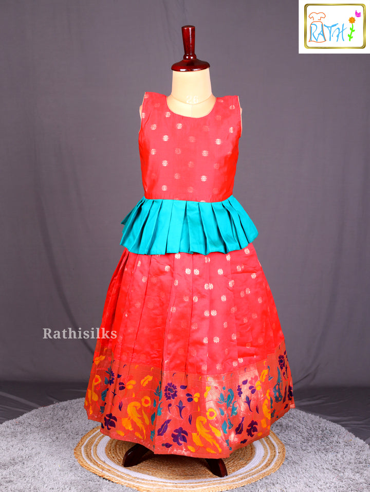Coral & Teal Art Silk Pavadai Sattai