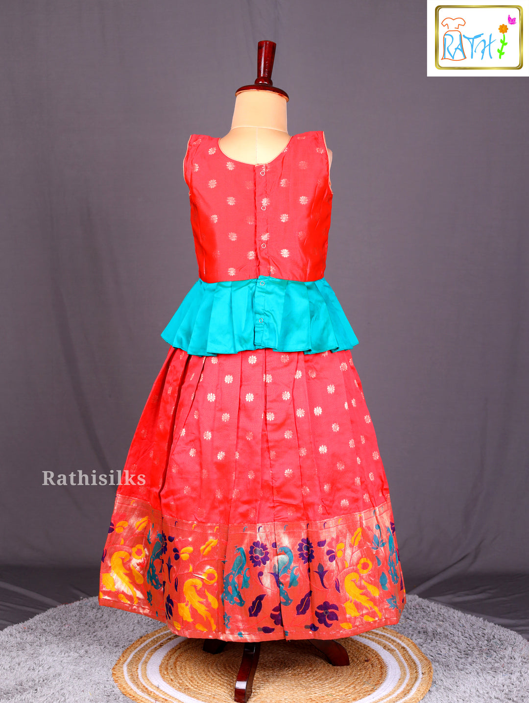 Coral & Teal Art Silk Pavadai Sattai