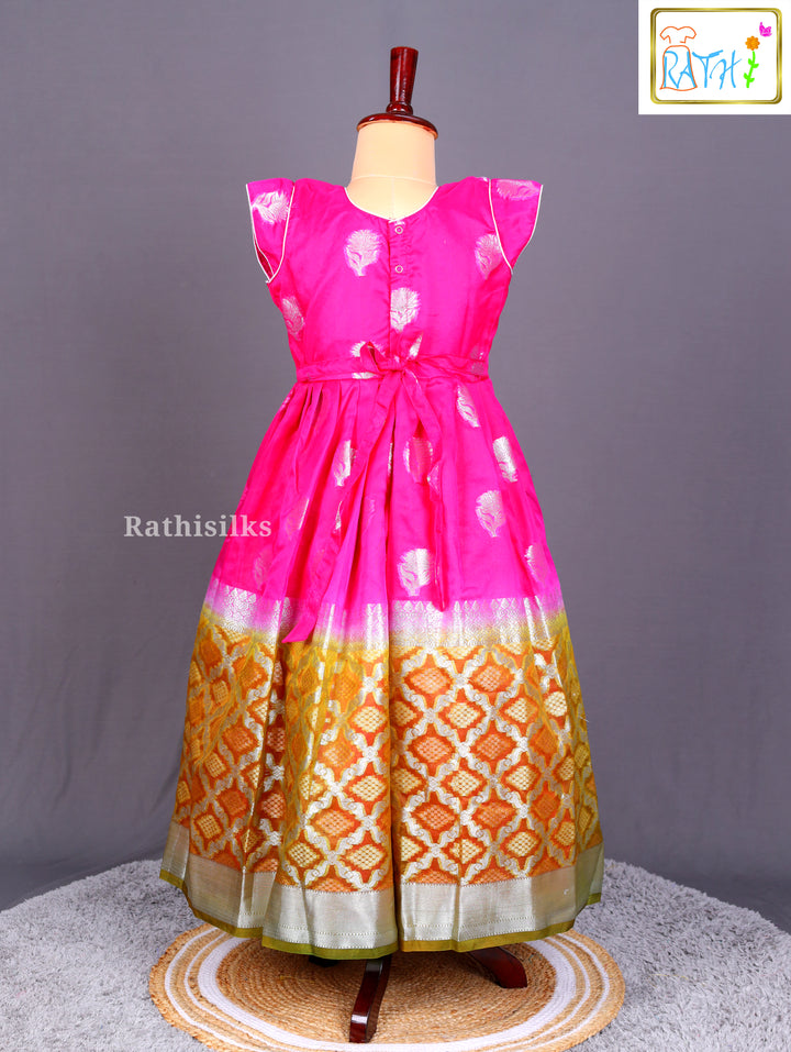 Rani Pink and Gold Brocade Long Ethnic Frock